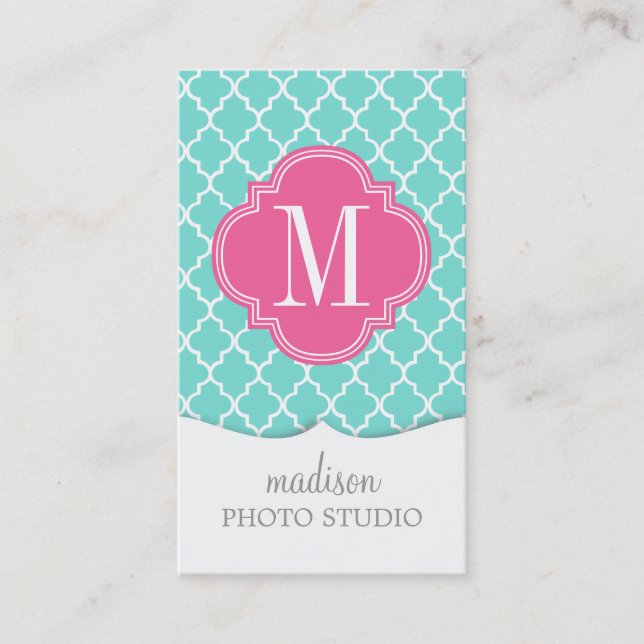 Aqua Moroccan Tiles Lattice Personalised Business Card (Front)