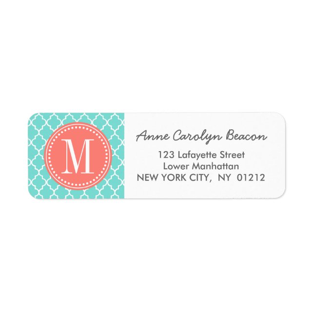 Aqua Moroccan Tiles Lattice Personalised Return Address Label (Front)