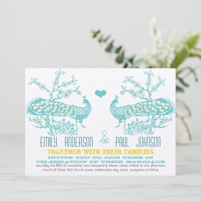 Aqua & Mustard Yellow Peacock Wedding Invitations (Standing Front)