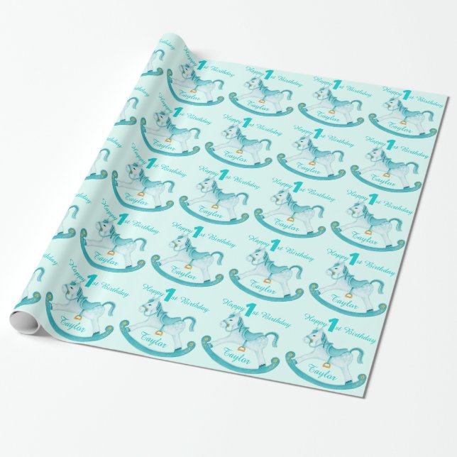 Aqua named rocking horse 1st birthday pattern wrap wrapping paper (Unrolled)