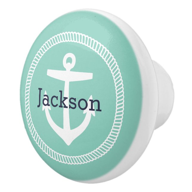 Aqua Nautical Anchor Monogram Ceramic Knob (Right)