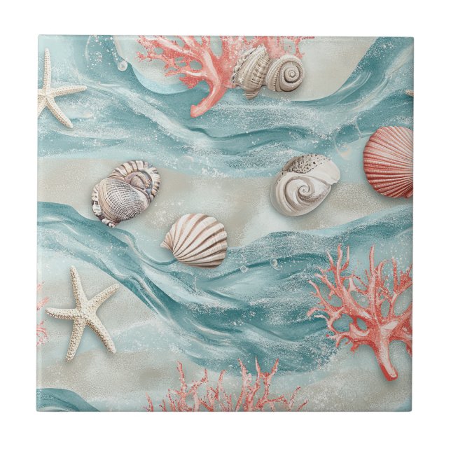 Aqua Nautical Starfish Seashell Pattern Ceramic Tile (Front)