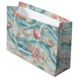 Aqua Nautical Starfish Seashell Pattern Large Gift Bag