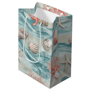 Aqua Nautical Starfish Seashell Pattern Medium Gift Bag