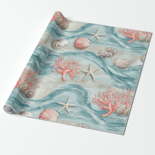 Aqua Nautical Starfish Seashell Pattern Wrapping Paper