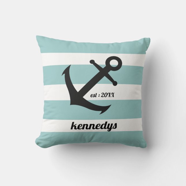 Aqua Nautical Stripes Anchor Family Name Cushion (Front)