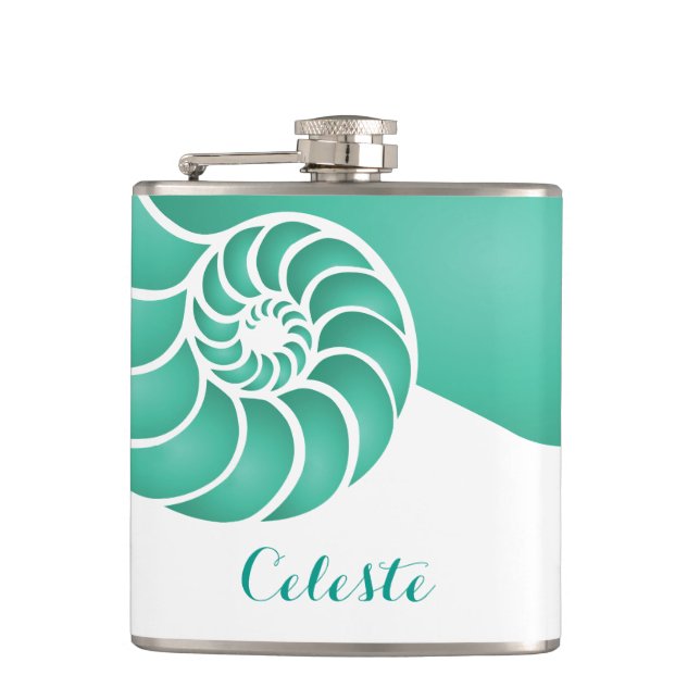 Aqua Nautilus Shell with Custom Monogram Hip Flask (Front)