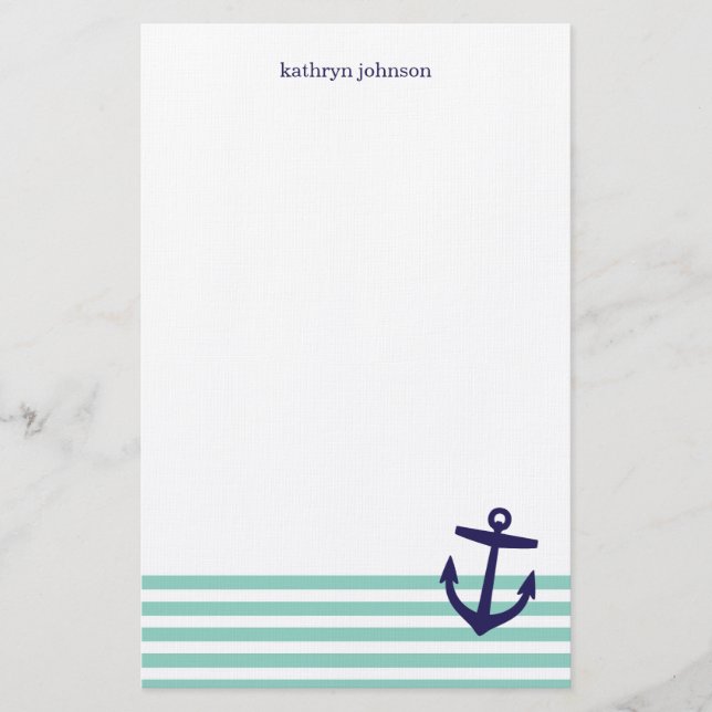 Aqua & Navy Blue Nautical Stripes & Cute Anchor Stationery (Front)