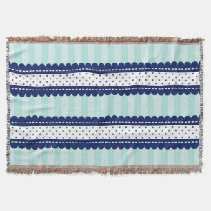 Aqua Navy Blue Stripes And Polka Dots Pattern Throw Blanket