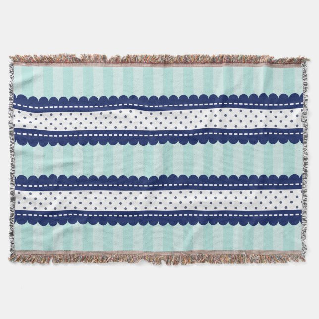 Aqua Navy Blue Stripes And Polka Dots Pattern Throw Blanket (Front)