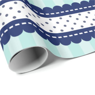 Aqua Navy Blue Stripes And Polka Dots Pattern Wrapping Paper
