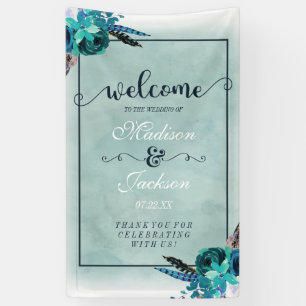 Aqua & Navy Blue Watercolor Floral Wedding Welcome Banner