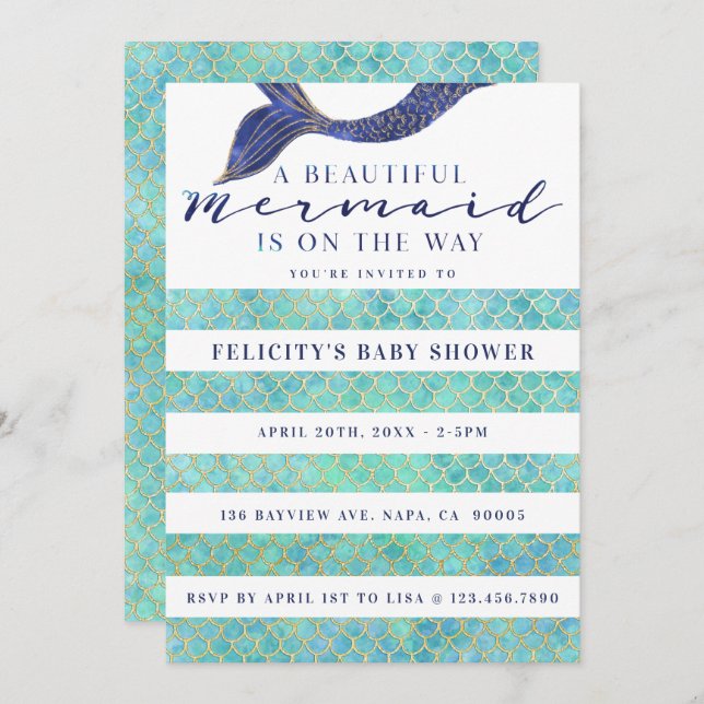 Aqua Navy Gold Mermaid Scales & Stipe Baby Shower Invitation (Front/Back)