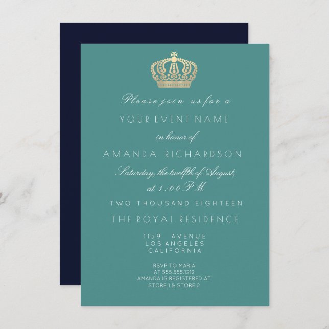 Aqua Navy Golden Crown Royal Glitter 16th Bridal Invitation (Front/Back)