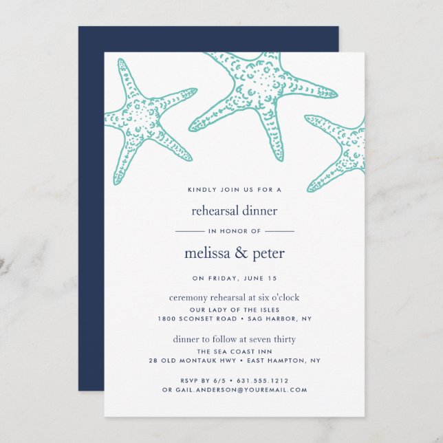 Aqua & Navy Starfish Rehearsal Dinner Invitation (Front/Back)