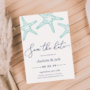 Aqua & Navy Starfish Save the Date Card