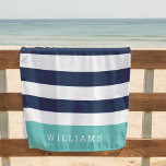 Aqua & Navy Stripe Personalised Beach Towel<br><div class="desc">Preppy chic personalised beach towel in aqua and navy features classic wide navy blue and white stripes,  with your name or choice of personalisation along the bottom in bold white lettering on a band of summery turquoise teal.</div>