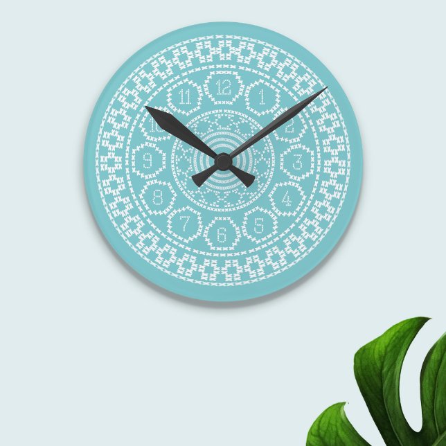 Aqua Nordic Cross Stitch Wall Clock (Inspired by nordic cross stitches. A fun clock to put on your wall)