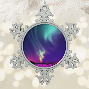 Aqua Northern Lights Alaskan Nights Snowflake Pewter Christmas Ornament