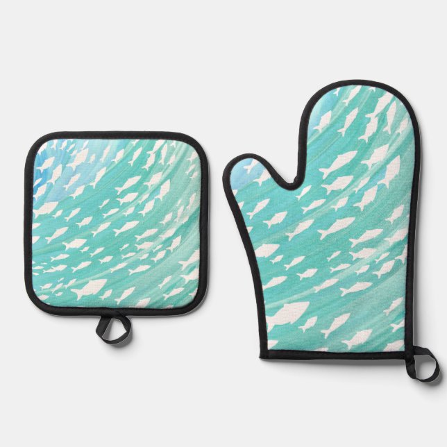 Aqua Ocean Fish Nautical  Oven Mitt & Pot Holder Set (Front)