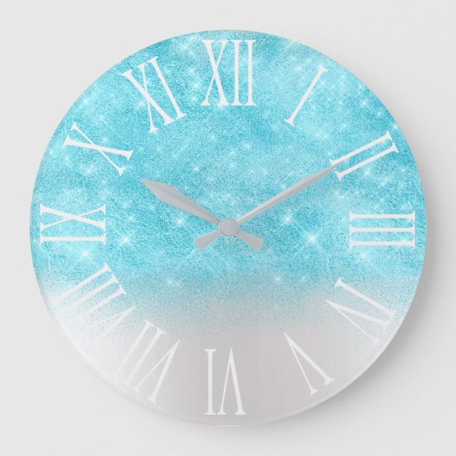 Aqua Ocean Glitter effect White Spark Girly Gift Large Clock (Front)