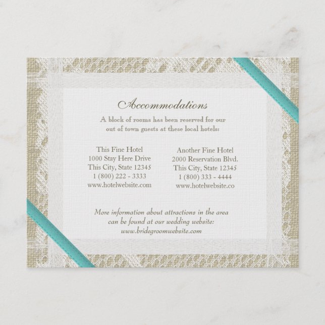 Aqua Ocean Lace and Burlap Directions Enclosure Card (Front)