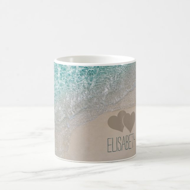 Aqua Ocean Sand Carved Hearts Add Name Coffee Mug (Center)