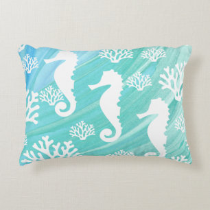 Aqua Ocean Seahorse Coral Sealife Decorative Cushion