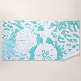 Aqua Ocean Seashells Fish Coral Beach Towel