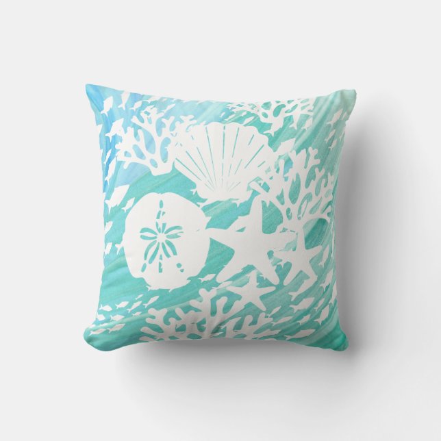 Aqua Ocean Seashells Fish Coral  Cushion (Front)