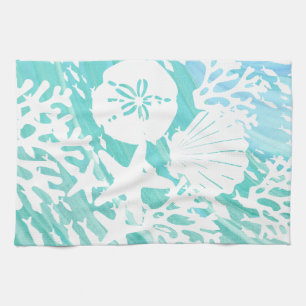 Aqua Ocean Seashells Fish Coral Tea Towel