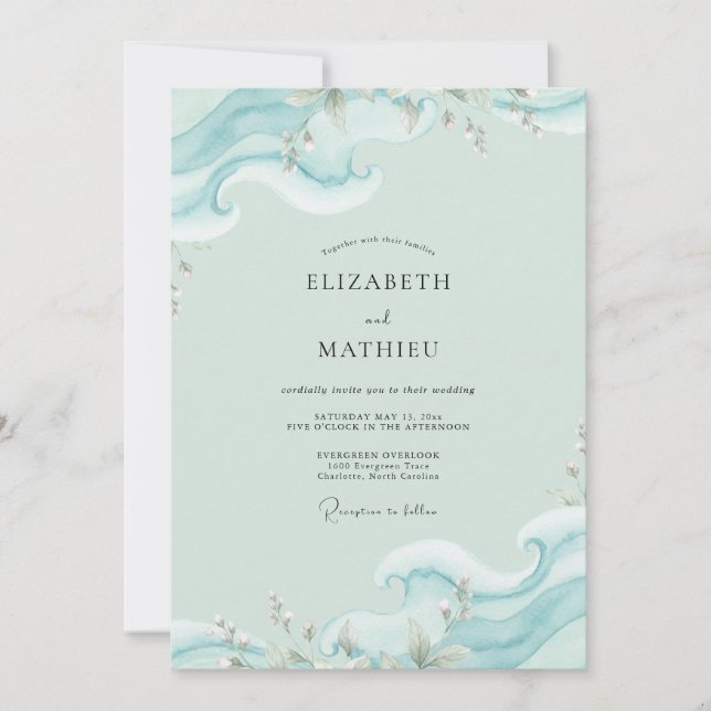 Aqua Ocean Wave Eucalyptus Wedding Invitation (Front)