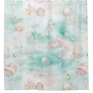 Aqua Ocean Waves & Seashell Pattern (12) Shower Curtain