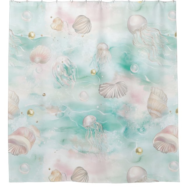 Aqua Ocean Waves & Seashell Pattern (12) Shower Curtain (Front)