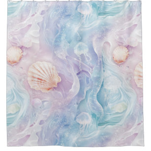 Aqua Ocean Waves & Seashell Pattern (15) Shower Curtain