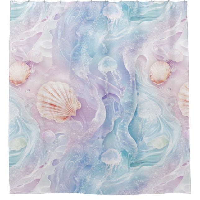 Aqua Ocean Waves & Seashell Pattern (15) Shower Curtain (Front)