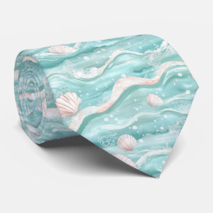 Aqua Ocean Waves & Seashell Pattern (1) Tie
