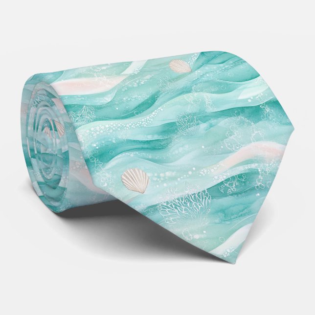 Aqua Ocean Waves & Seashell Pattern (2) Tie (Rolled)