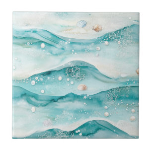 Aqua Ocean Waves & Seashell Pattern (5) Ceramic Tile