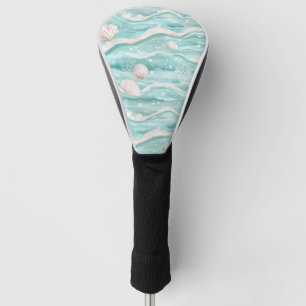 Aqua Ocean Waves & Seashell Pattern Golf Head Cover