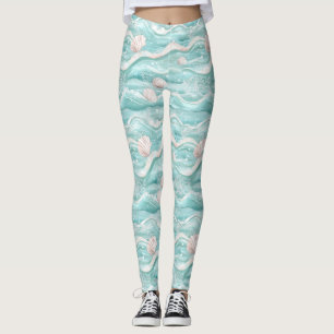 Aqua Ocean Waves & Seashell Pattern Leggings