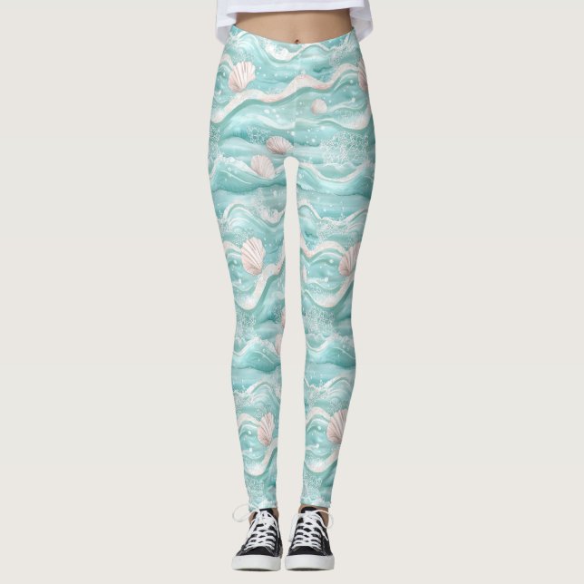 Aqua Ocean Waves & Seashell Pattern Leggings (Front)