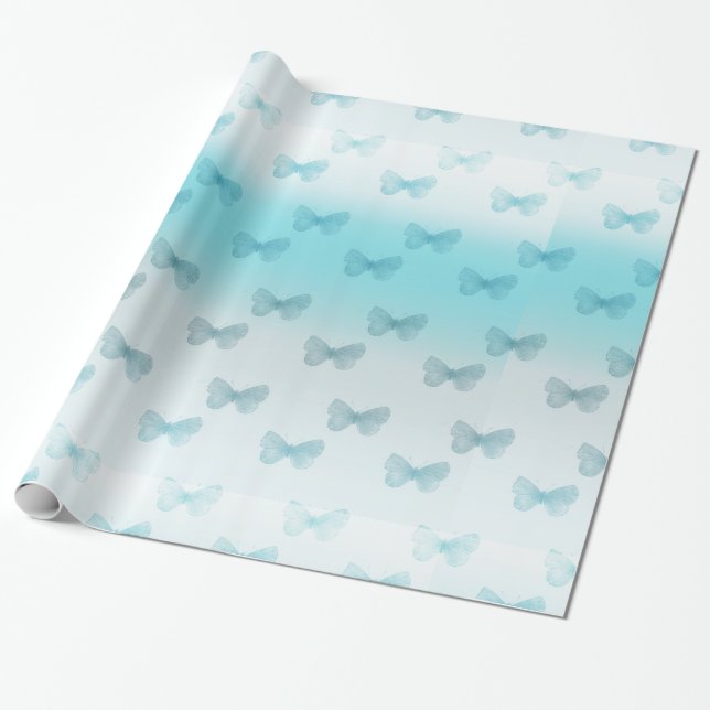 Aqua Ombre Butterflies Birthday Wrapping Paper (Unrolled)