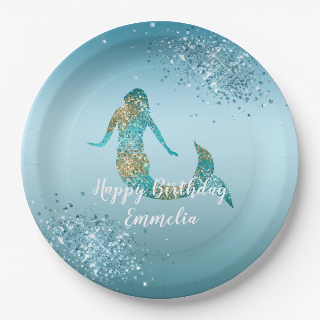 Aqua Ombre Gold Glitter Sparkle Mermaid       Paper Plate (Front)