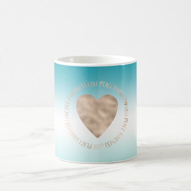 Aqua Ombre Gold Love Peace Kindness Heart    Coffee Mug (Center)