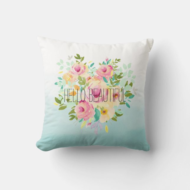 Aqua Ombre Pink Yellow Floral Cushion (Front)