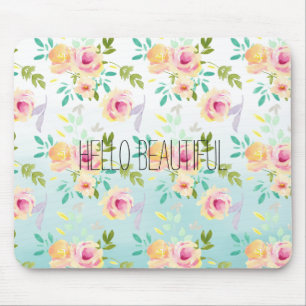 Aqua Ombre Pink Yellow Floral Mouse Pad