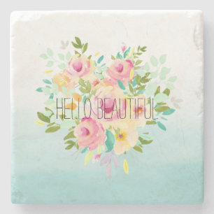 Aqua Ombre Pink Yellow Floral Stone Coaster