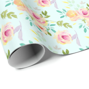 Aqua Ombre Pink Yellow Floral Wrapping Paper
