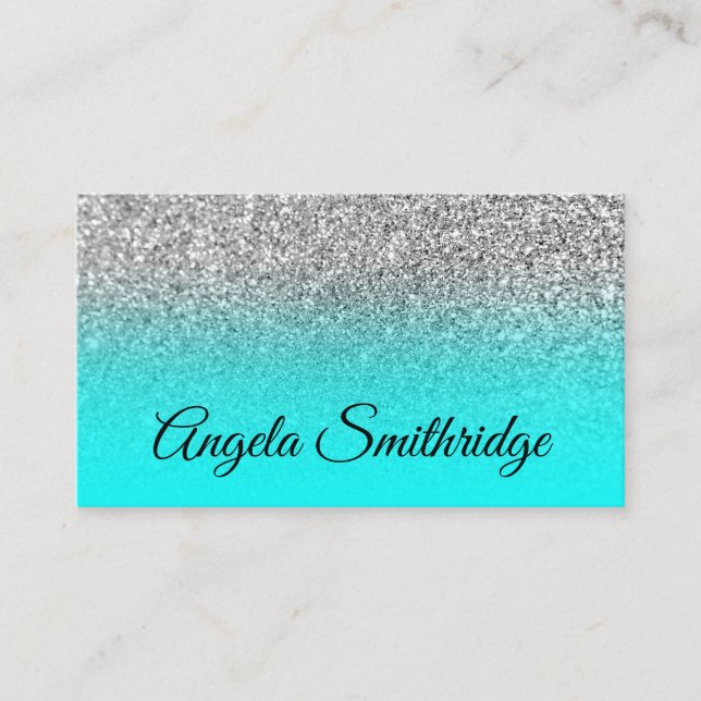Aqua Ombre Silver Glitter Photo Business Card (Front)